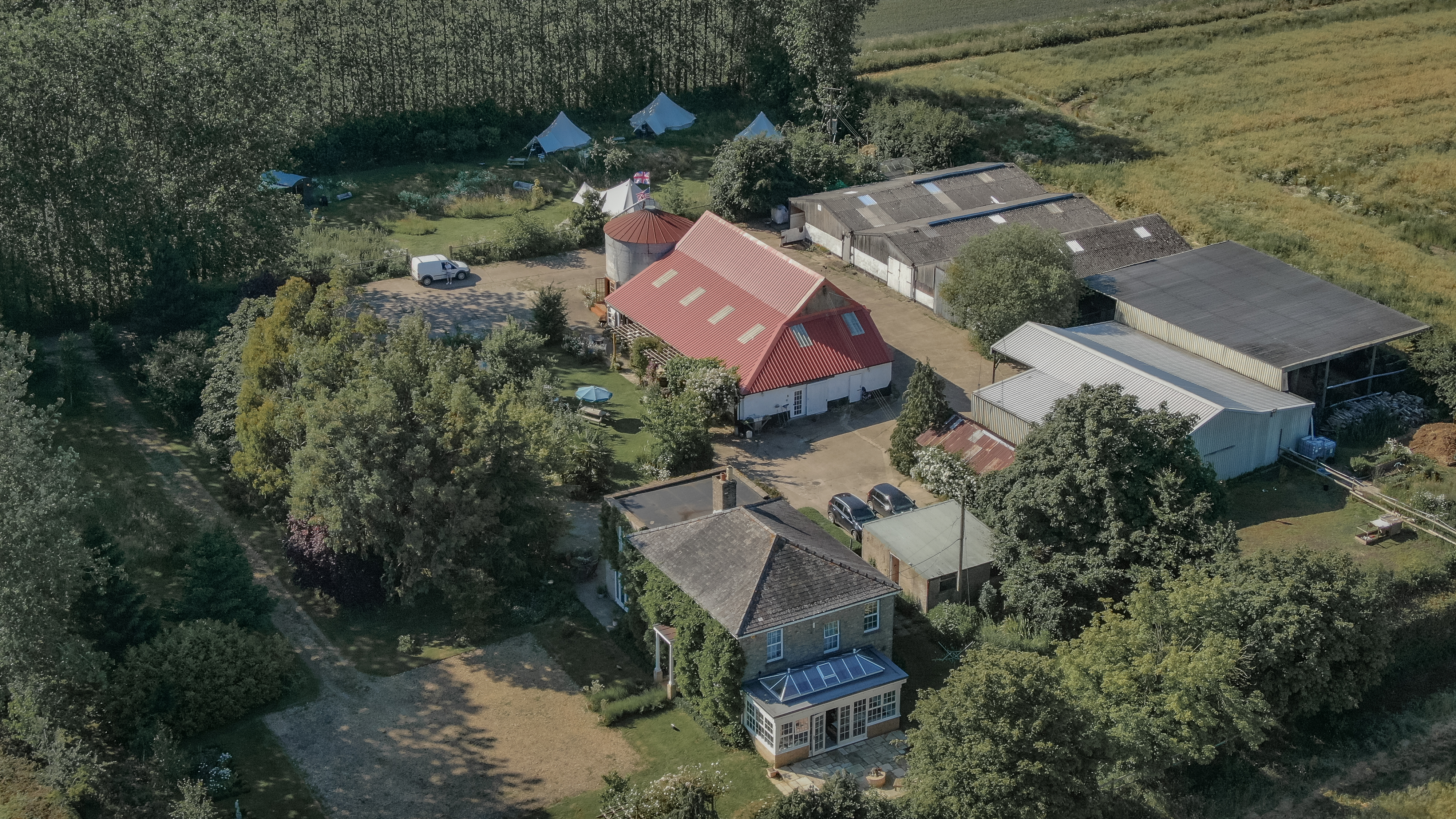 An aerial view of the Brakehill Barns countryside
